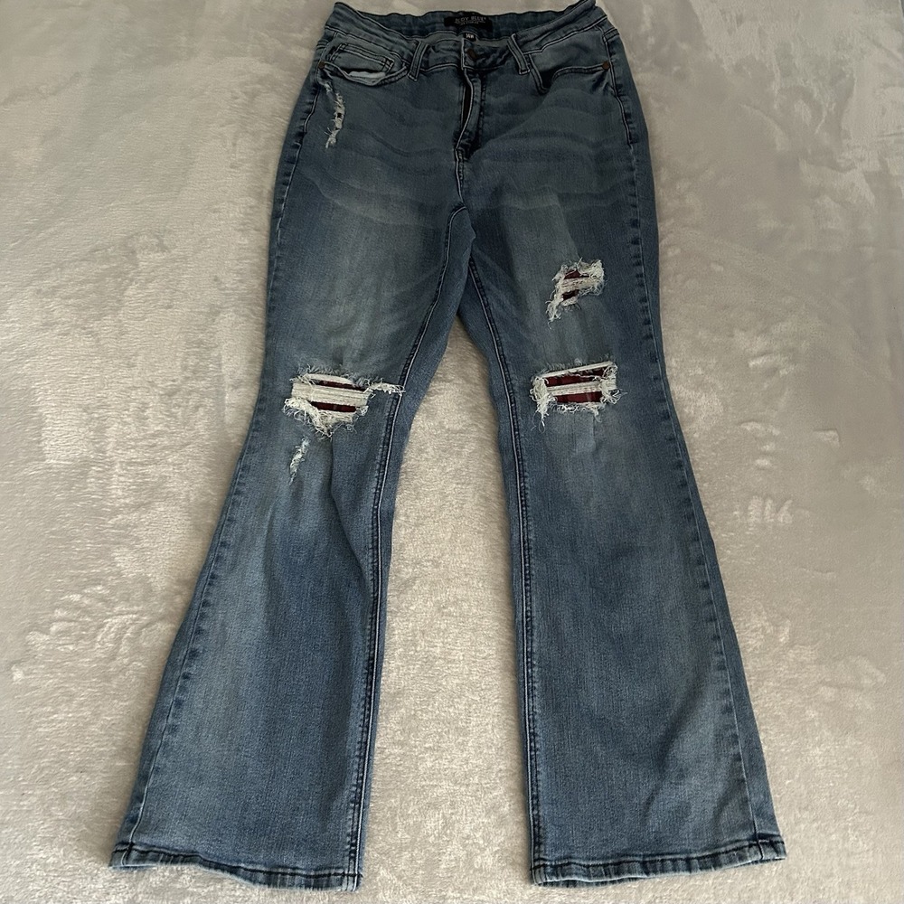 Judy Blue Plaid Patch Bootcut Jeans Plus Sz 14W Stretch Distressed JB88696 Blue